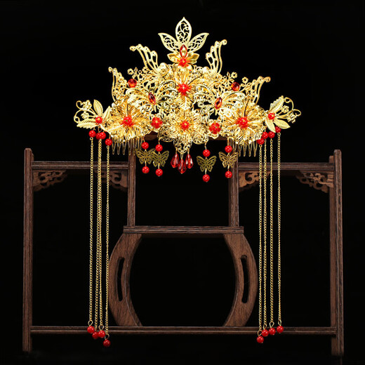 Meng Junchen bride's Chinese-style ancient hair accessories set golden phoenix crown butterfly tassel domineering palace headdress Xiuhe clothing accessories phoenix crown