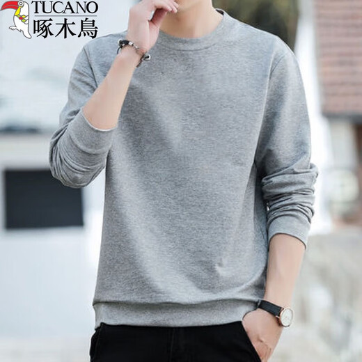 Woodpecker (TUCANO) cotton sweatshirt men's round neck spring, autumn and winter new loose velvet thickened bottoming shirt men's youth long-sleeved t-shirt black-velvet XL (recommended 120-135 Jin Jin equals 0.5 kg)