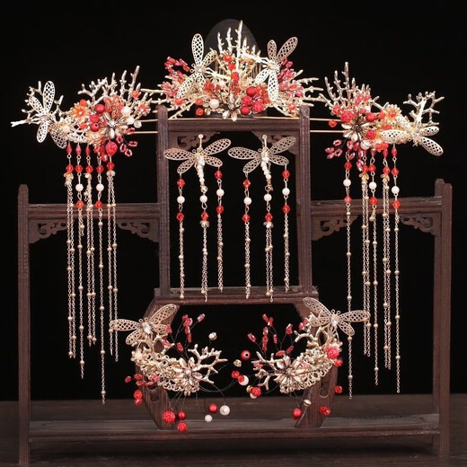 Haiyiduo bridal hair accessories, Xiuhe clothing headdress, wedding bride's tassel step, phoenix crown, Chinese wedding dressing gown, elegant and beautiful, model headdress set + ear hook style