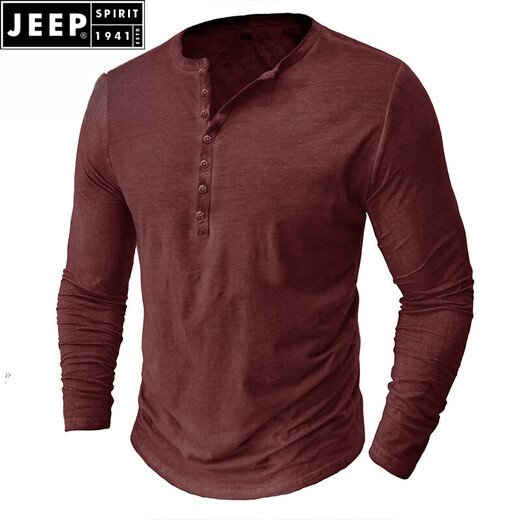 JEEP SPIRIT European and American men's distressed henley shirt retro long-sleeved T-shirt large size men's button washed distressed bottoming shirt top light gray 2XL (185-205Jin Jin equals 0.5 kg)