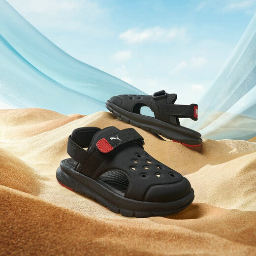 Puma (PUMA) children's toe-toe slip-on sandals, summer men's and women's, middle and large children's Velcro soft-soled anti-slip beach clogs black_Puma white_red 31