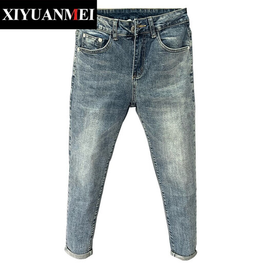 Nishiharamei Jeans Herren koreanischer Stil Sommer einfach gewaschen Distressed Casual Slim Leg Neun-Punkt-Hose für Herren YD-3882 Hellblau Größe 34 geeignet für 155 bis 165 Jin Jin entspricht 0,5 kg