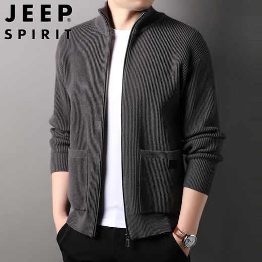 吉普（JEEP）春秋季针织衫外套男韩版潮流男装含羊毛休闲半高立领拉链开衫毛衣 素烟灰色 165/S 【适合105-120斤】