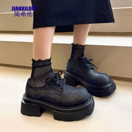 Jane Xilen new Chinese style thick-soled loafers for women 2024 spring and summer new printed small leather shoes versatile platform sole shoes for women black 37