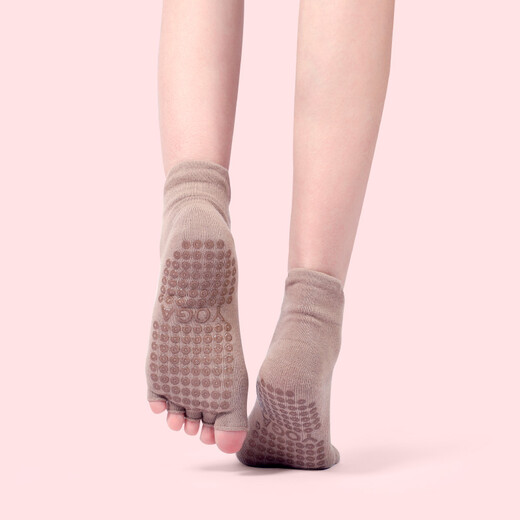 Huodiniao yoga socks non-slip professional women's open-toed autumn and winter adult dance fitness floor socks skipping rope Pilates five-finger socks milk coffee + gray - two pairs, 34-38 can be worn