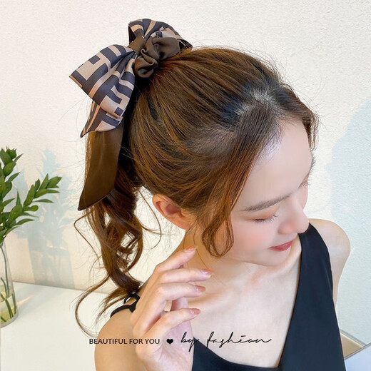 Zhuo Keke bow tie streamer tied into a low ponytail hair accessories women's winter hair rope head flower high-end hair tie hair tie high-end head rope coffee color F style streamer