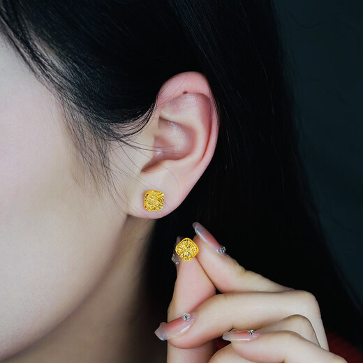 Erli gold 999 brushed sugar cube gold earrings, sweet love earrings as a birthday gift for my wife, 1g curved needle sugar cube earrings