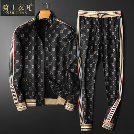 Knight Yifan stretch sweatshirt suit European station men's spring, autumn and winter trendy brand European and American style fashion boutique men's large size stand-up collar cardigan jacket jacket youth casual sweatpants sports two-piece set black 3XL [160-175Jin [Jin equals 0.5 kg]]