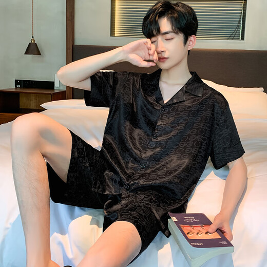 浪莎2025新款睡衣男士夏季冰丝短袖短裤夏天薄款青少年家居服开衫套装 (BBA)冰丝G829 L (建议身高170左右，体重100-