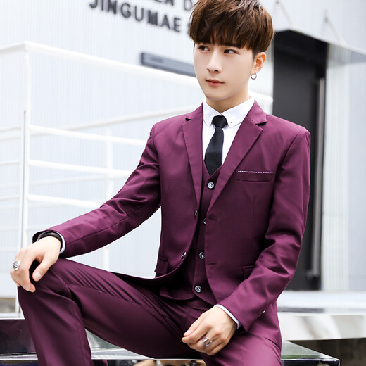 Zhehan Teenage High School Adult Dress Suit Boy Wedding Suit Three-piece College Student Interview Formal Wear Black Suit+Pants+Tie XL 31 Suitable for 122-127 Jin Jin equals 0.5 kg