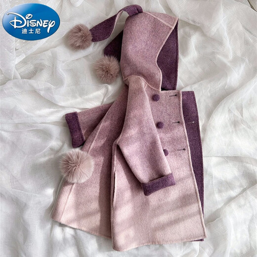 迪士尼女童加绒外套秋冬款2025新款洋气冬季小女孩呢子儿童加厚毛呢大衣 粉紫色【内里加绒 毛球都可拆卸 100cm