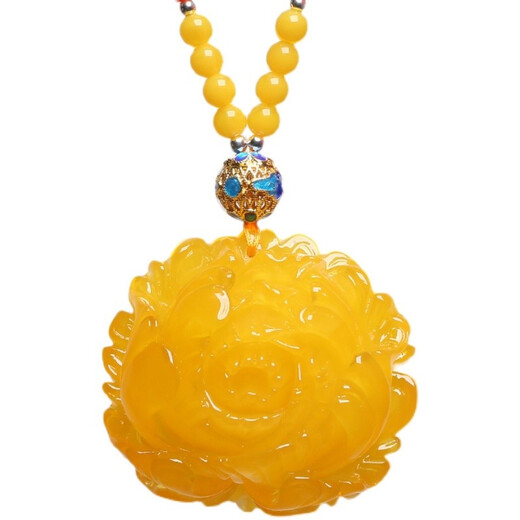 Musi Christmas Eve Gift Musi Selected Beeswax Pendant Necklace Peony Flower Chicken Butter Yellow Amber Sweater Chain Women's Long Style High-end Hanging Selected Chicken Butter Yellow Peony Flower Model (With Chain)