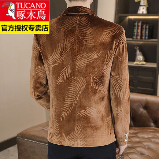 Woodpecker Spring and Autumn New Gold Velvet Suit Men's Casual Korean Slim Casual Uniform Youth Personalized Small Suit Jacket Apricot 3XL 150-165Jin Jin is equal to 0.5 kg