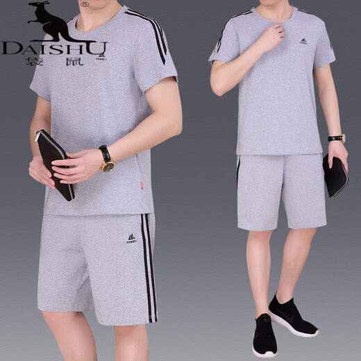 袋鼠（DaiShu）爸爸夏装T恤男士运动套装短袖短裤两件套中老年宽松大码父亲衣服 9922黑色 (短袖+短裤) L (适合100-120斤)