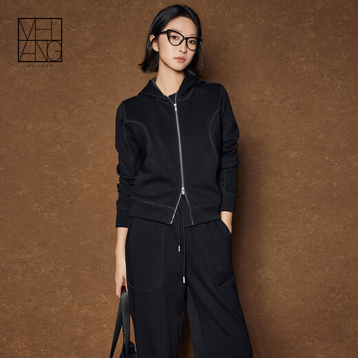MEIYANG Aerobic Casual Suit Morning Commuting Comfortable Thin Velvet Warm Hooded Top Straight Pants Fashion Casual Suit Women Black (Top + Pants Extended Version) L