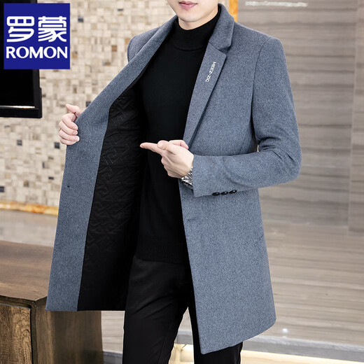 ROMON Woolen Woolen Coat Men's Slim Mid-Length Windbreaker Autumn and Winter Thickened New Woolen Men's Jacket Korean Version Black Thickened L