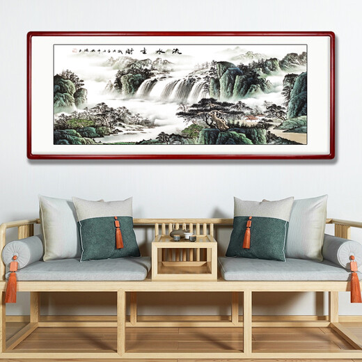 Sheng Zhen's flowing water brings wealth, landscape painting, traditional Chinese painting, hand-painted authentic office hanging painting, living room decoration painting, ink Chinese style, making money, flowing water makes money, Xiaoba 277*122cm (solid wood frame + organic film)