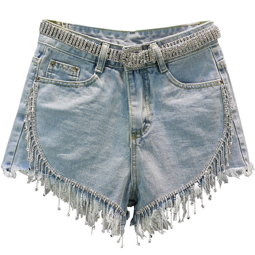 Mad Cortes original fashion brand design denim shorts for women summer slimming rhinestone tassel trendy fashion hot pants light blue M