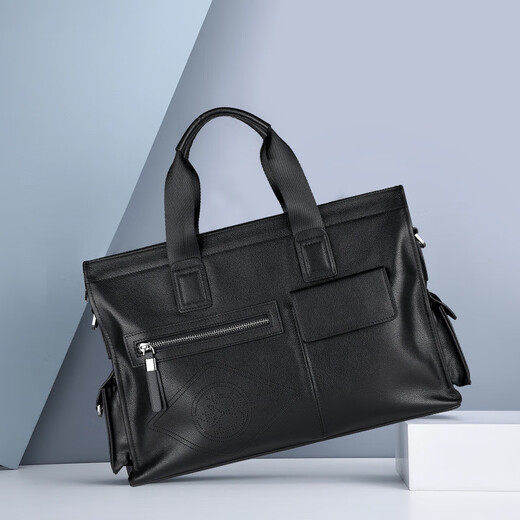 South men's briefcase genuine leather men's bag cowhide high-end business casual simple handbag men's large-capacity official bag style two black large bag 15.6 inches