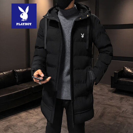 Playboy Down Jacket Winter Men's Mid-Length Coat Coldproof Warm Cotton Jacket Thickened Youth Hooded Cotton Jacket Men's Fashion Black 929-Upgraded Thickening 3XL Recommended 145-160Jin Jin equals 0.5 kg