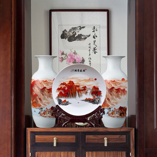 Ziqi Jingdezhen Ceramics Hongyun Dangtou three-piece set of vases, new Chinese style living room wine cabinet, office decorations, Lucky Dangtou winter melon bottle + wooden base 25cm