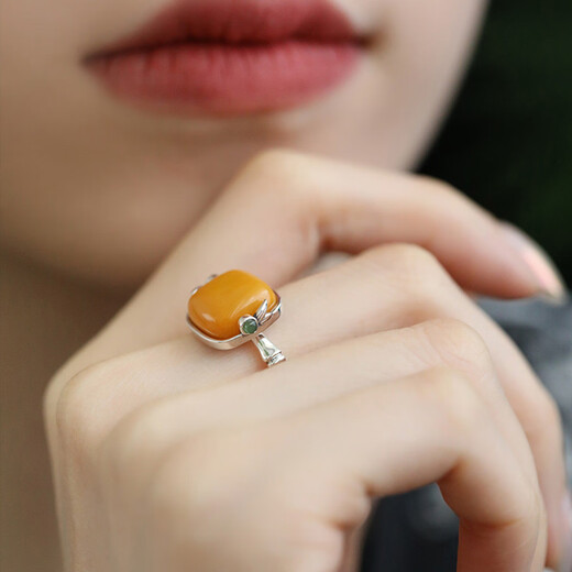 BOIGO925 silver amber beeswax ring for women retro bamboo square Chinese style open ring for women adjustable ring