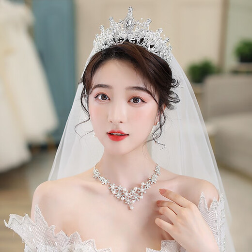 Hongzhuangnuo Bridal Crown Three-piece Set Wedding Certificate Veil Earrings Accessories Crown Tiara Necklace Proposal Exquisite Jewelry Women C5Y408 Crown Three-piece Set (Ear Acupuncture Style)