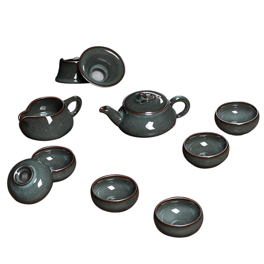 Lingqingfang high-end Kung Fu tea set home office celadon complete set teapot teacup gift box Ge Kiln ice crack iron tire Tibetan blue ten-piece set