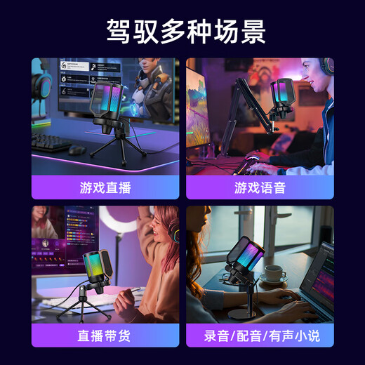 FIFINE computer desktop USB microphone wired e-sports RGB lighting effect condenser microphone live broadcast full set of professional equipment game live recording karaoke conference noise reduction radio microphone A6 A6 black + 35 cantilever bracket (with round base)