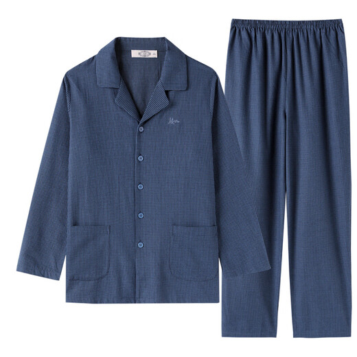 American Standard New Long Sleeve Couples Pure Cotton Pajamas Set Women's Spring Swing Houndstooth Cotton Casual Wearable Outerwear Home Clothing Men's Winter Midnight Blue XL