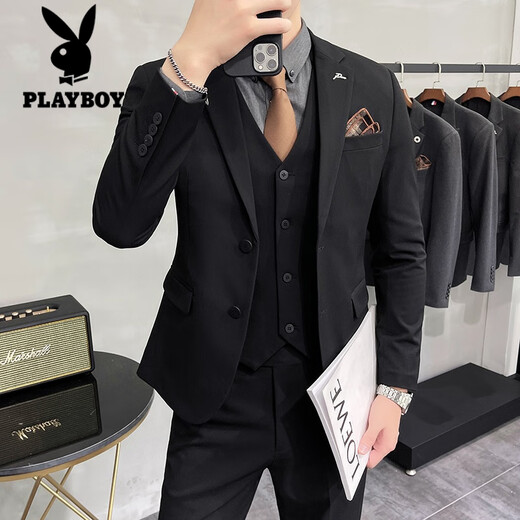 Playboy light mature style casual large size suit suit for men, Korean style slim fit two-button three-piece suit for commuting business small suit trendy light gray suit + trousers 3XL 152-162Jin Jin equals 0.5 kg