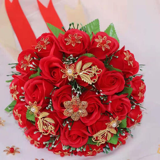 米黛蕾手捧花结婚diy感 结婚捧花仿玫瑰花韩式婚礼花束婚纱照拍摄 24朵酒红