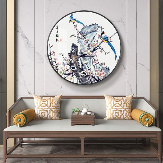 Tongdi New Chinese-style circular decorative painting Living room sofa background wall mural painting Aisle corridor entrance painting Study room landscape hanging painting 12176 plum porcelain diamond inlay-diameter 100-black frame (customized
