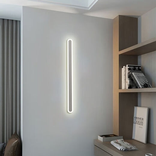 FENGLANQ light luxury minimalist one-word long wall lamp living room grille line TV background wall lamp simple bedroom bedside lamp black acrylic 60cm warm light