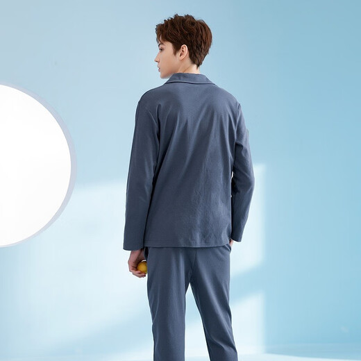 Fenton Pajamas Pure Cotton Season Casual Simple Can Be Weared Cardigan Long Sleeve Home Clothes Set Dark Gray Blue (Male) 2XL