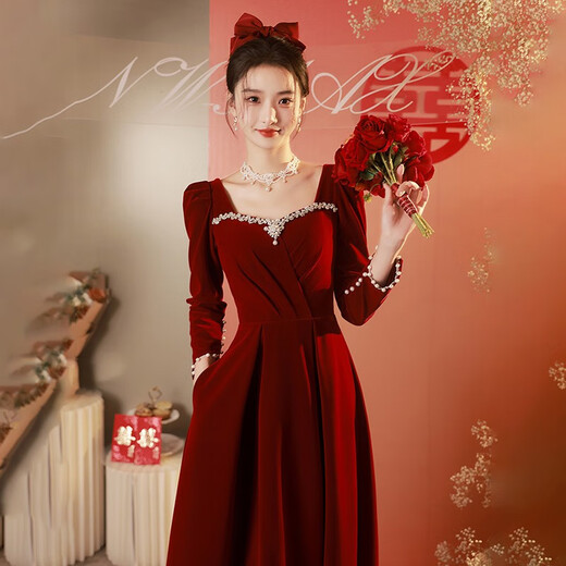 Libaixin toasting dress bride 2025 new autumn and winter burgundy engagement dress high-end long-sleeved velvet wedding atmosphere burgundy L