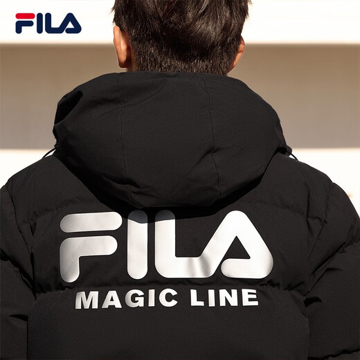 FILA Down Jacket Men's Winter Warm Hooded Sports Casual Long Sleeve Thickened Jacket Cardigan Men's Top True Black-BK XL 180/100A