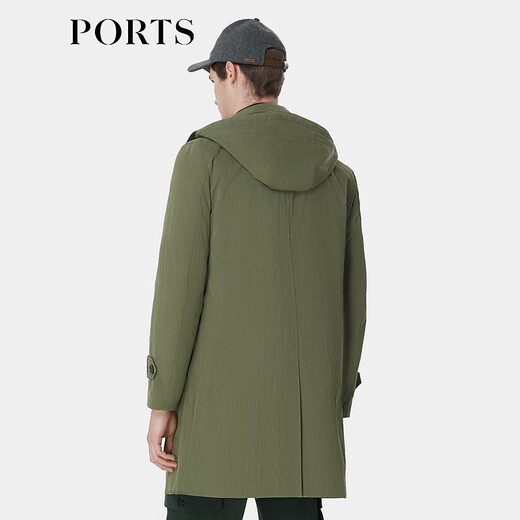 PORTS宝姿男装秋季棉混纺轻微防水可拆卸帽翻领合身长风衣 绿色 S