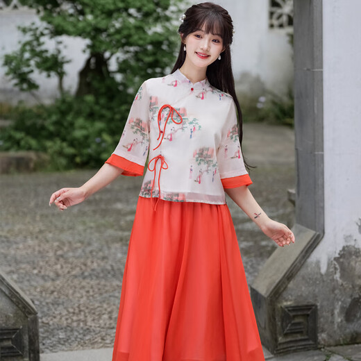 Yaoni Cheongsam Hanfu Rendimiento diario para mujeres Sección delgada 2025 Nuevo estilo chino Estilo nacional Conjunto de dos piezas con estampado de gasa literaria 9764 Lady Picture S (Peso recomendado 80-90 Jin Jin es igual a 0,5 kg)
