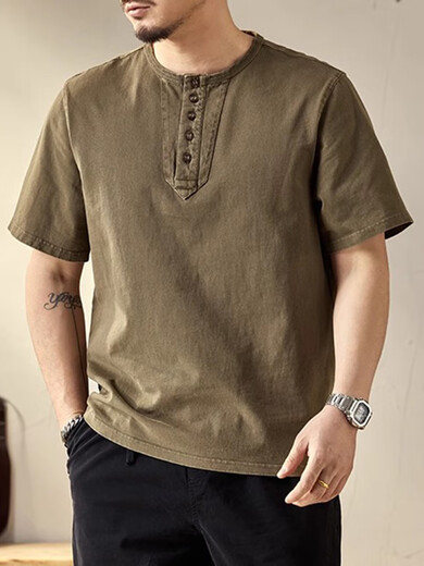 Xiaohongshu's popular high-end retro short-sleeved T-shirt for men in summer loose large size tough guy casual Henry collar bottoming shirt Mocha brown S S90-115Jin Jin is equal to 0.5 kg