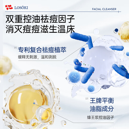 Losoki Switzerland imported anti-acne and mite cleansing milk amino acid for men and women to control oil, remove acne marks, blackheads and close pores cleansing milk, double acne removal, facial cleansing milk 200ml*2