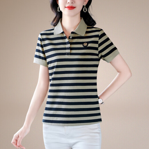 LaChapelleSportPOLO collar striped short-sleeved T-shirt women's summer 2024 new style middle-aged women's fashionable age-reducing versatile casual top black M (recommended 80-90Jin [Jin equals 0.5 kg])