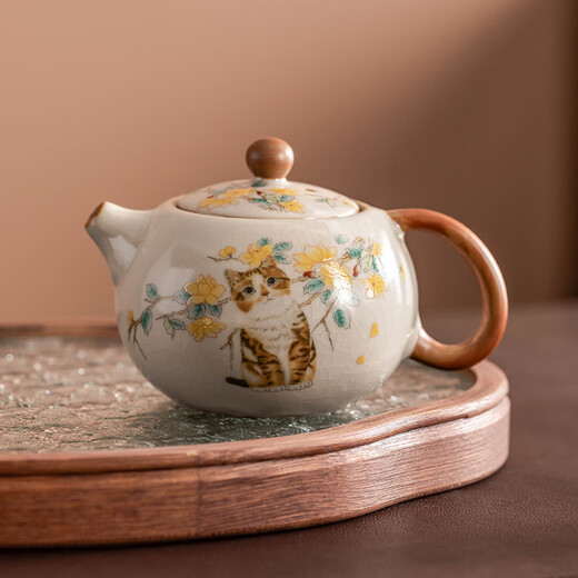 Porcelain brand tea set Ru Kiln Kung Fu tea set with tea tray household ceramic personal teapot teacup tea set beige Ru Kiln cute cat Xishi pot one pot and two cups