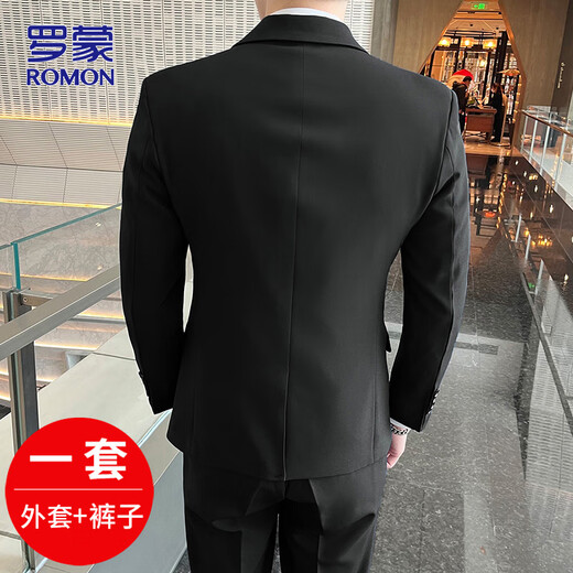 ROMON suit men's spring and autumn business slim suit men's formal wedding dress men's black L