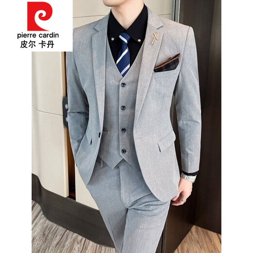 Pierre Cardin suit men's wedding three-piece Korean style casual formal suit jacket male groomsmen groom's dress knitted dark gray four-piece suit (jacket + pants + vest + white shirt) + tie M