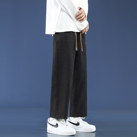 Foss Phil高街九分牛仔裤男士夏季薄款透气美式潮流直筒宽松运动休闲裤子 潮牌718-K830黑色 S 【推荐90-110斤】