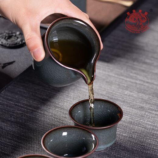 Longquan celadon high-end tea set Ge kiln iron tire ice crack open piece home reception tea pot tea cup set gift box iron tire fixed pot tea set 10 pieces gift box
