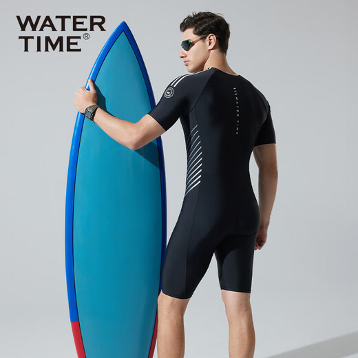 WATERTIME/Shuichuan Men's Swimsuit and Swimming Pants One-piece Short-Sleeved Diving Suit Men's Swimsuit Black Silver XL