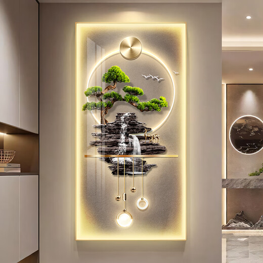 Ideological flowing water brings wealth, entrance decorative painting, welcoming guests, pine entry, hanging painting opposite the door, light luxury LED light, corridor aisle mural, E875 gold frame 50*100 (recommended 0.7m-0.8m wall), full texture canvas + environmentally friendly frame