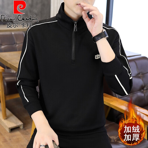 Pierre Cardin half-zip sweatshirt men's spring and autumn velvet thickened stand collar top casual handsome half turtleneck warm bottoming shirt 6657 black style velvet L (about 125~140Jin Jin is equal to 0.5 kg can be worn)